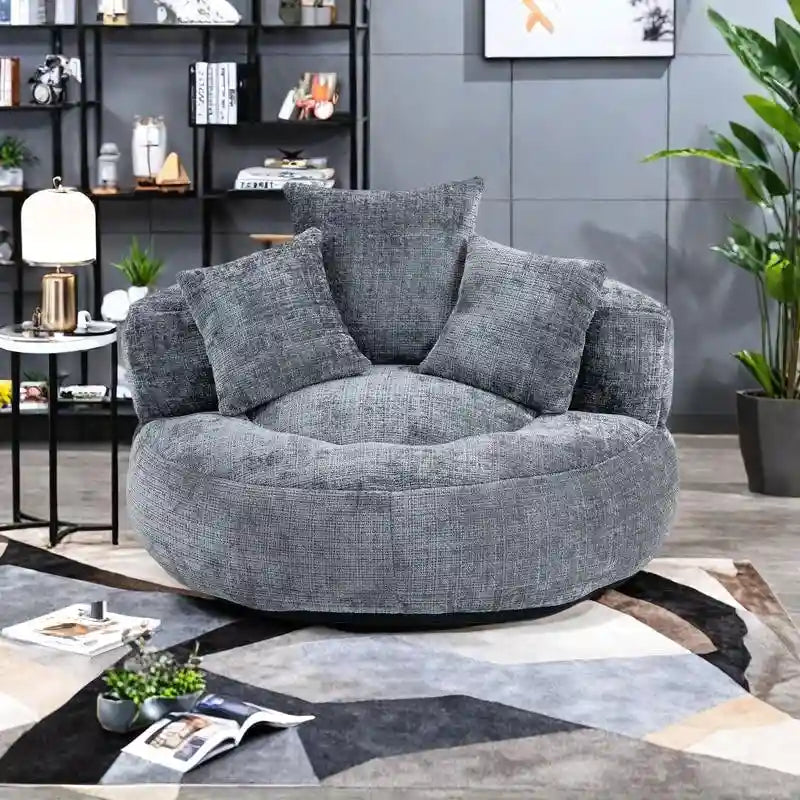 Fauteuil d'appoint rond surdimensionné avec haut dossier enveloppant, revêtement en chenille et 3 coussins