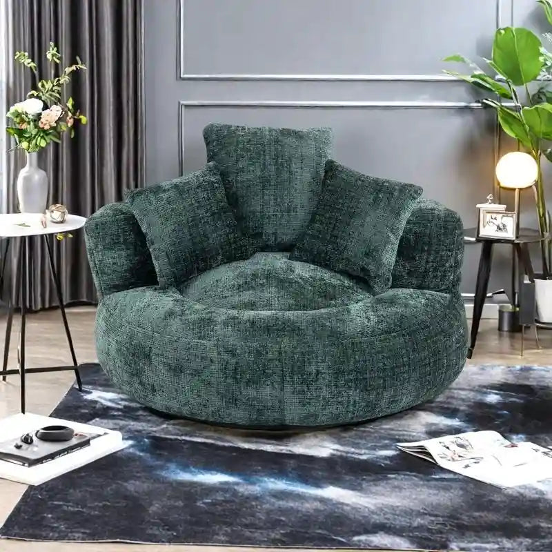 Fauteuil d'appoint rond surdimensionné avec haut dossier enveloppant, revêtement en chenille et 3 coussins