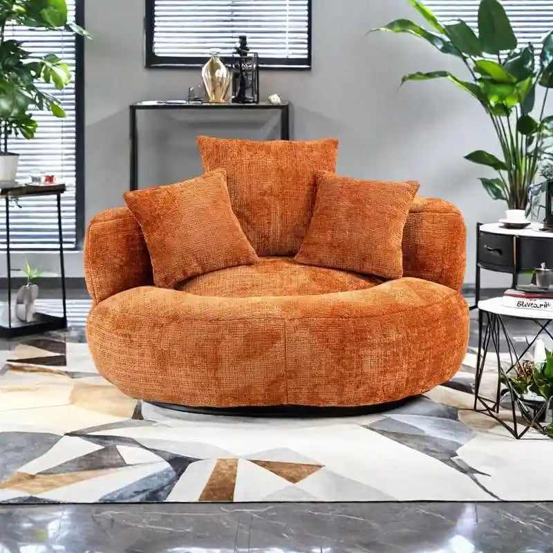Fauteuil d'appoint rond surdimensionné avec haut dossier enveloppant, revêtement en chenille et 3 coussins
