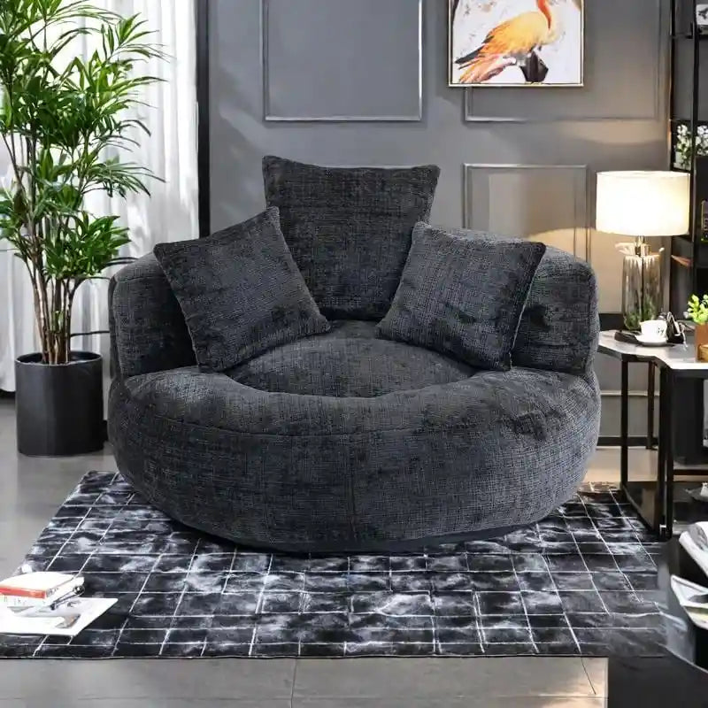 Fauteuil d'appoint rond surdimensionné avec haut dossier enveloppant, revêtement en chenille et 3 coussins