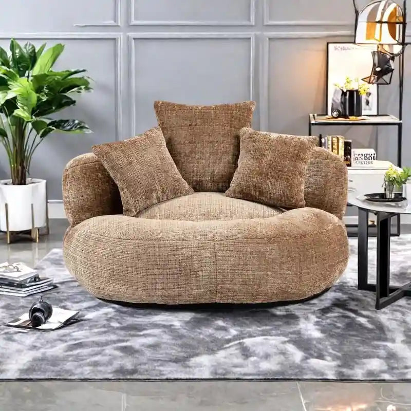 Oversized Round Accent Chair with High Wraparound Back, Chenille Upholstery & 3 Cushions