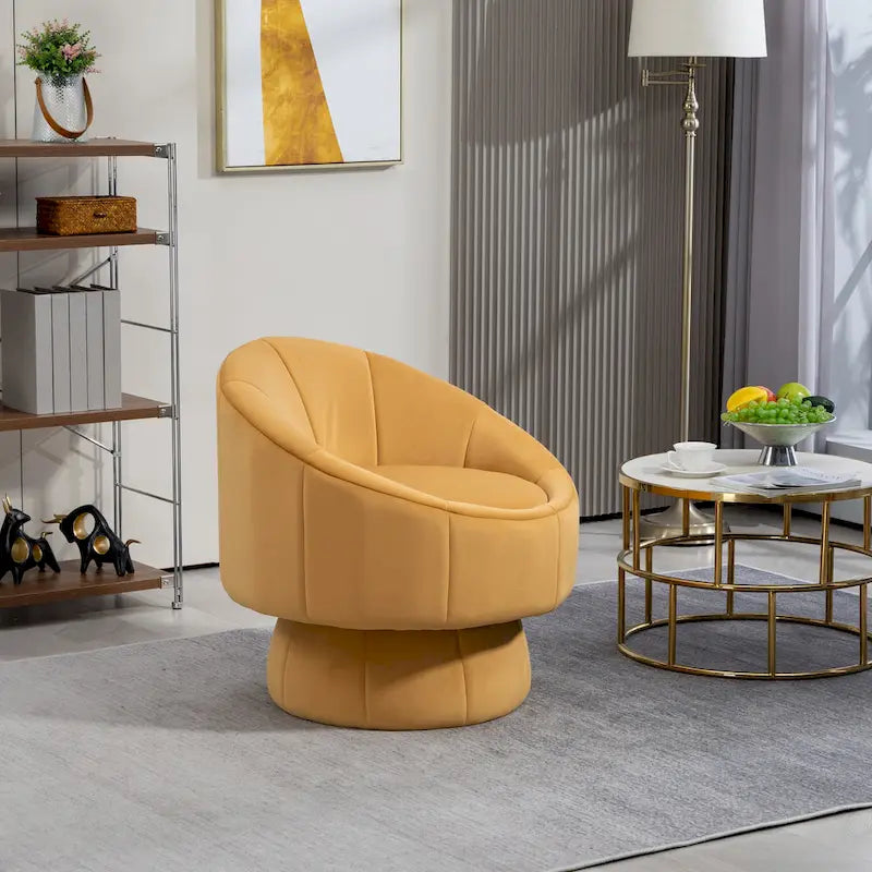 360° Swivel Velvet Accent Chair with Channel-Stitched Barrel Back & Waist Cushion