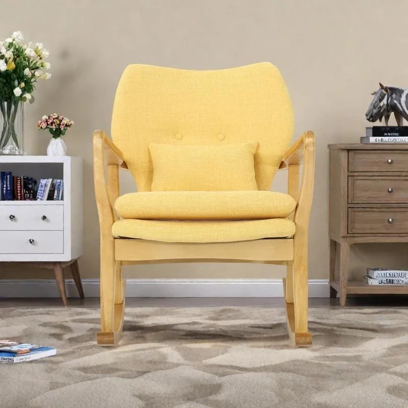 Fauteuil à bascule en bois massif avec coussins d'assise et de dossier en lin