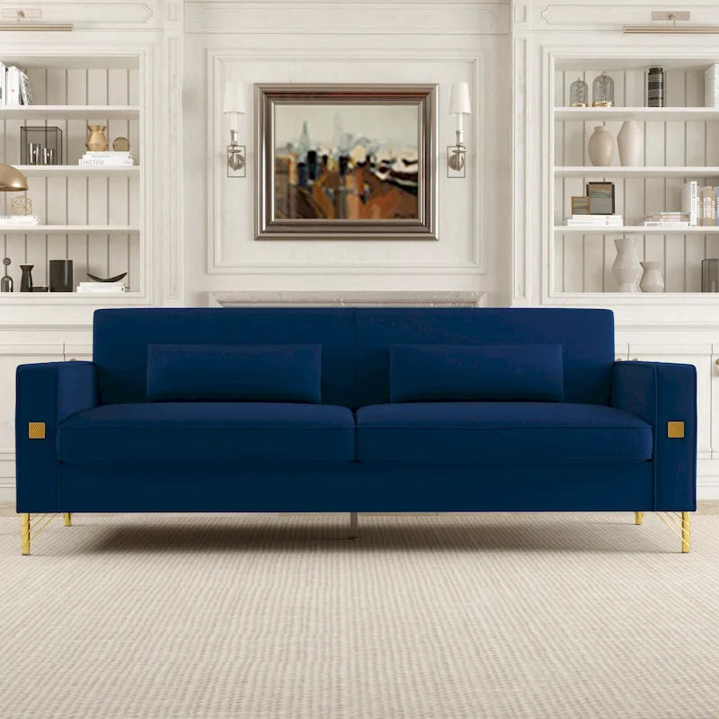 Modern Velvet 3-Seater Sofa with Gold Metal Accents & Pocketed Spring Cushions