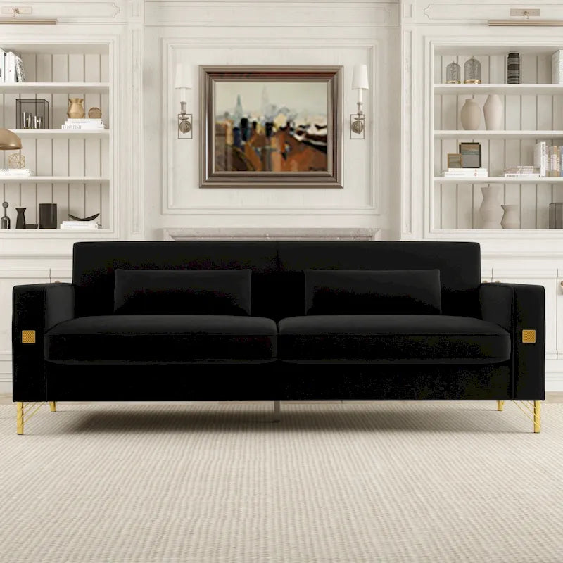 Canapé 3 places moderne en velours avec accents en métal doré et coussins à ressorts ensachés