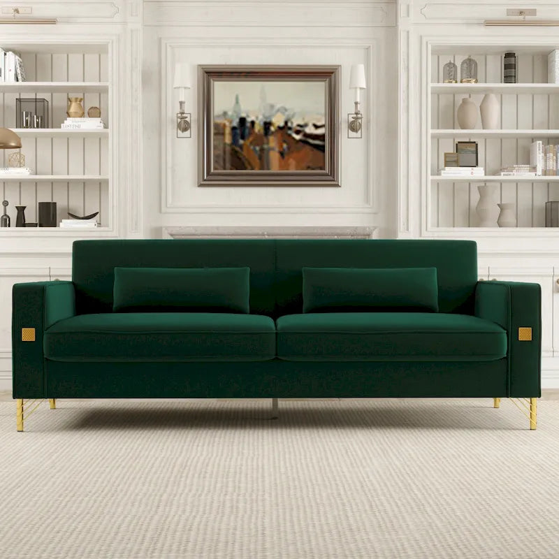 Canapé 3 places moderne en velours avec accents en métal doré et coussins à ressorts ensachés