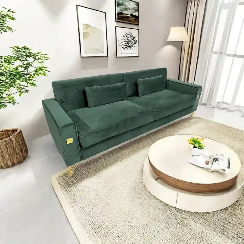 Modern Velvet 3-Seater Sofa with Gold Metal Accents & Pocketed Spring Cushions
