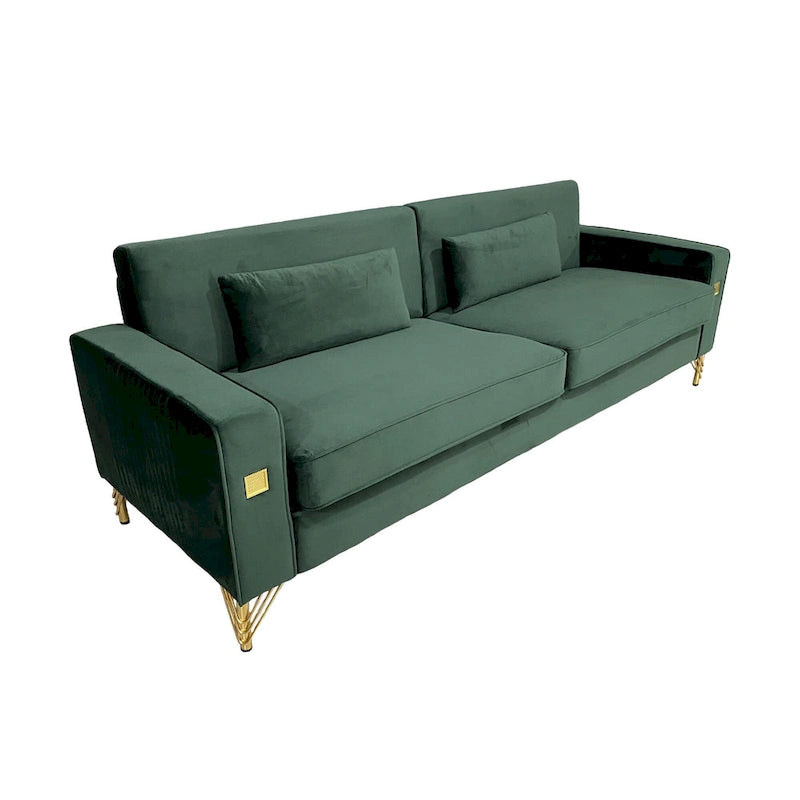 Modern Velvet 3-Seater Sofa with Gold Metal Accents & Pocketed Spring Cushions