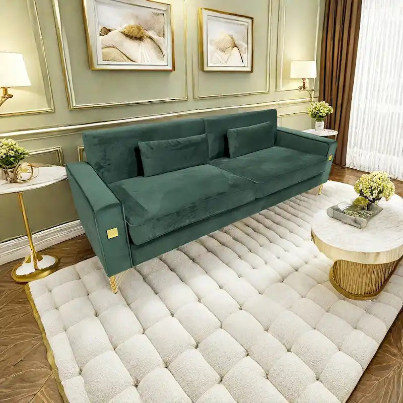 Modern Velvet 3-Seater Sofa with Gold Metal Accents & Pocketed Spring Cushions