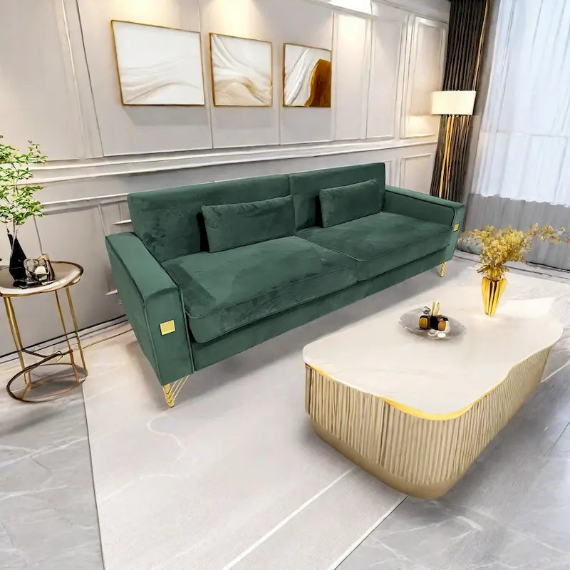Modern Velvet 3-Seater Sofa with Gold Metal Accents & Pocketed Spring Cushions