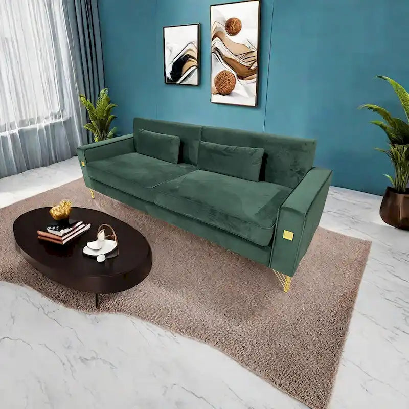 Modern Velvet 3-Seater Sofa with Gold Metal Accents & Pocketed Spring Cushions