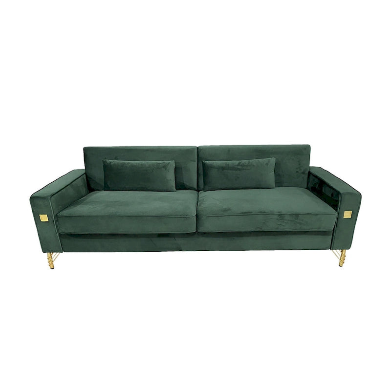 Modern Velvet 3-Seater Sofa with Gold Metal Accents & Pocketed Spring Cushions
