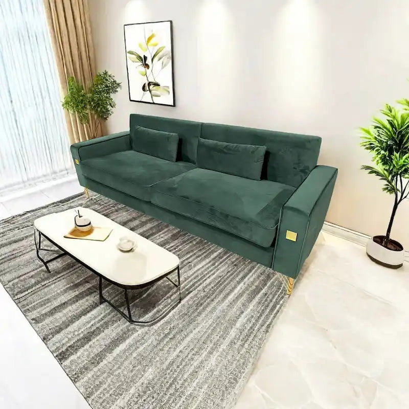 Modern Velvet 3-Seater Sofa with Gold Metal Accents & Pocketed Spring Cushions
