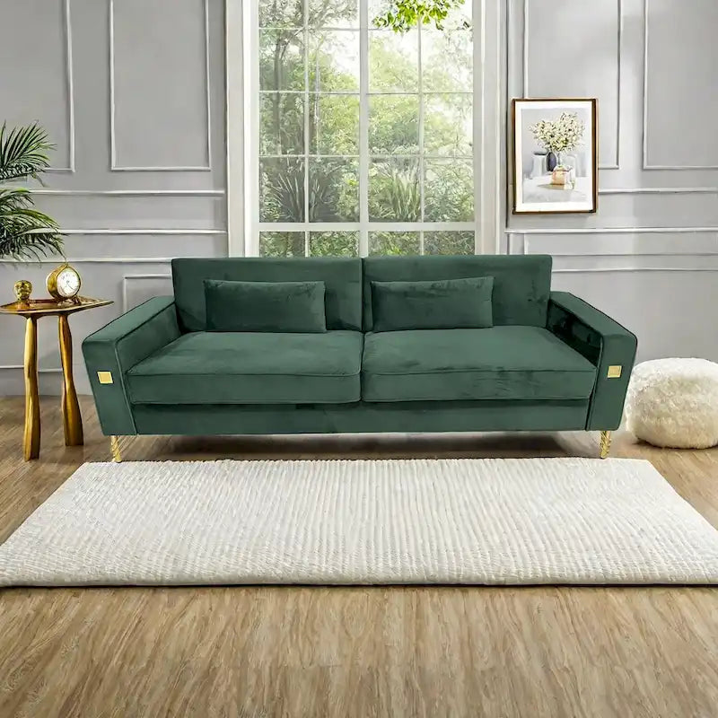 Modern Velvet 3-Seater Sofa with Gold Metal Accents & Pocketed Spring Cushions
