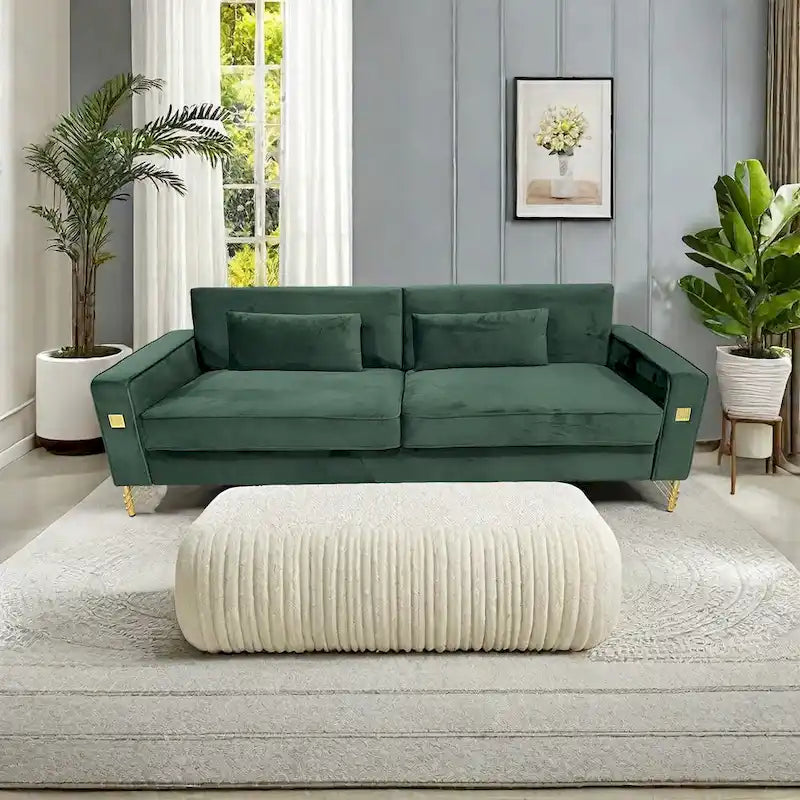 Modern Velvet 3-Seater Sofa with Gold Metal Accents & Pocketed Spring Cushions
