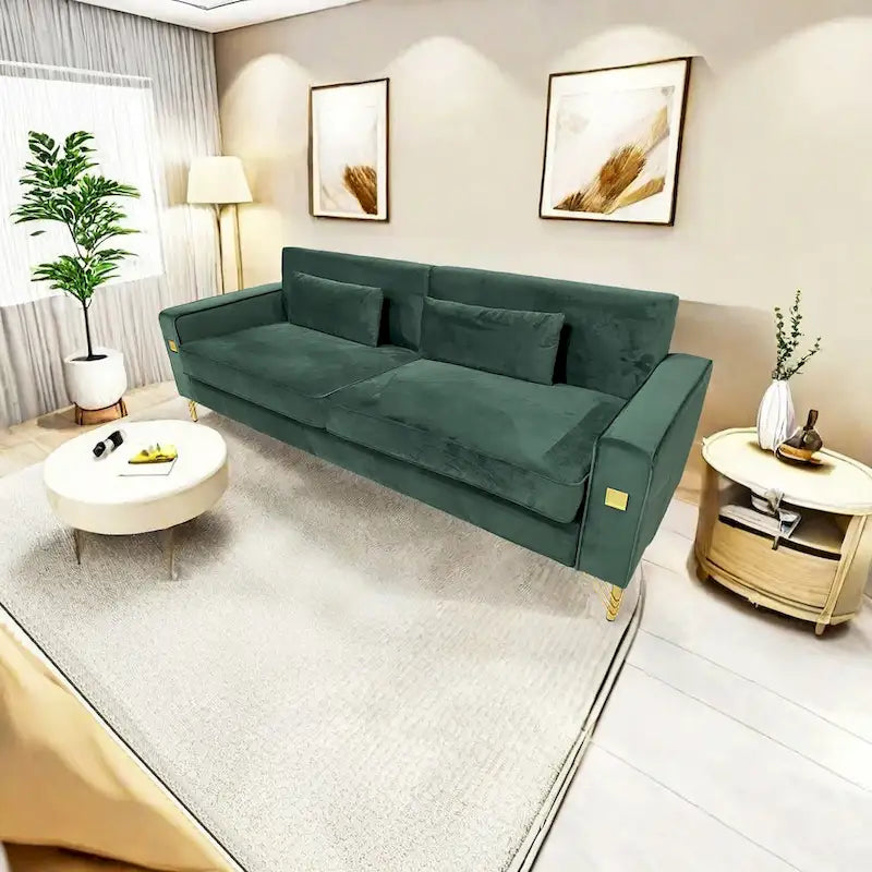 Modern Velvet 3-Seater Sofa with Gold Metal Accents & Pocketed Spring Cushions