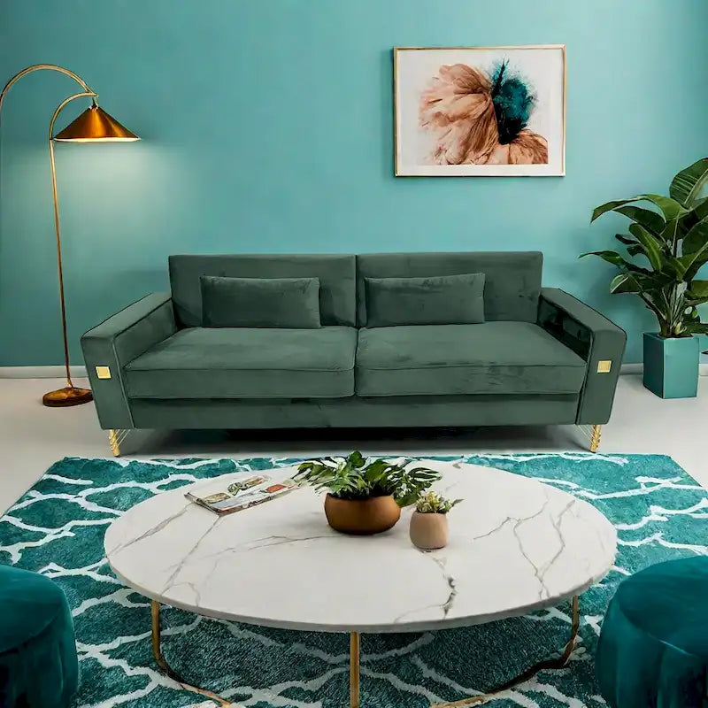 Modern Velvet 3-Seater Sofa with Gold Metal Accents & Pocketed Spring Cushions
