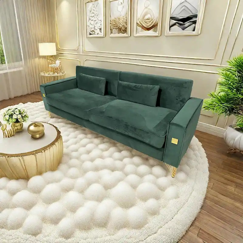 Modern Velvet 3-Seater Sofa with Gold Metal Accents & Pocketed Spring Cushions