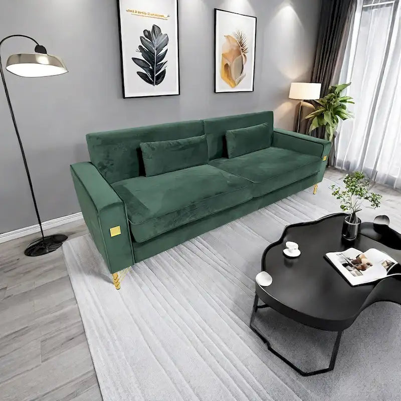Modern Velvet 3-Seater Sofa with Gold Metal Accents & Pocketed Spring Cushions