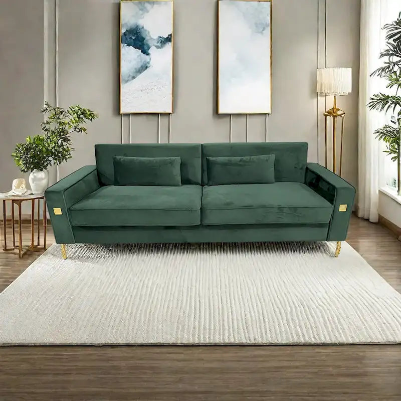 Modern Velvet 3-Seater Sofa with Gold Metal Accents & Pocketed Spring Cushions