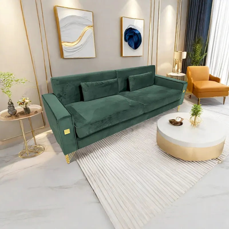 Modern Velvet 3-Seater Sofa with Gold Metal Accents & Pocketed Spring Cushions