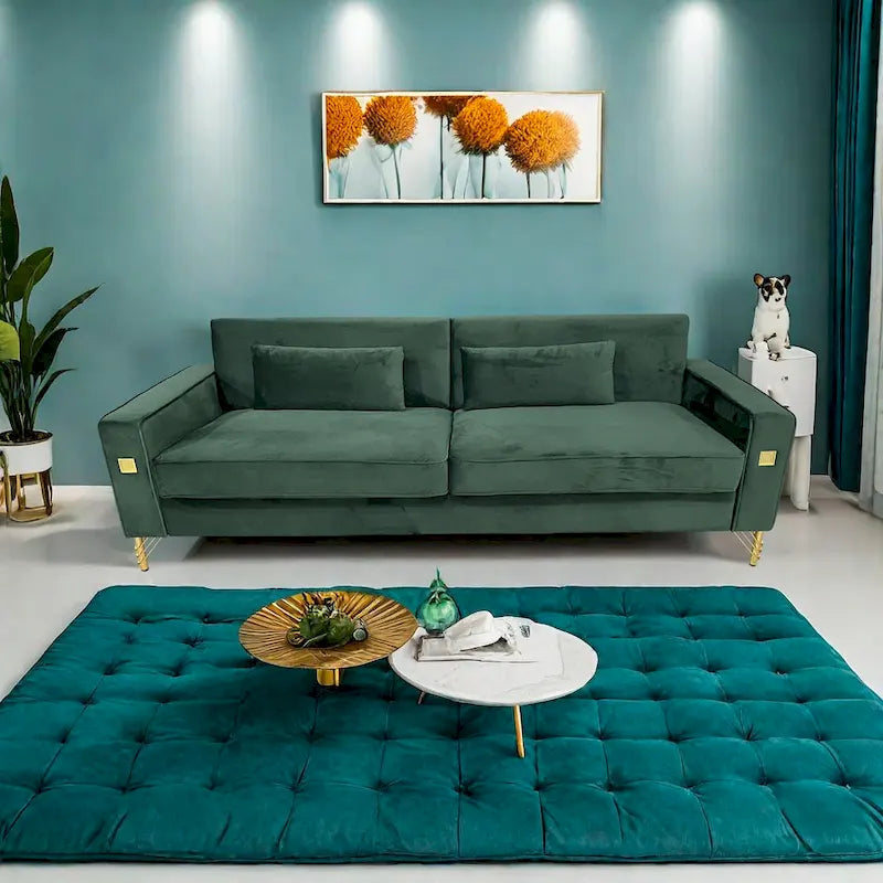 Modern Velvet 3-Seater Sofa with Gold Metal Accents & Pocketed Spring Cushions