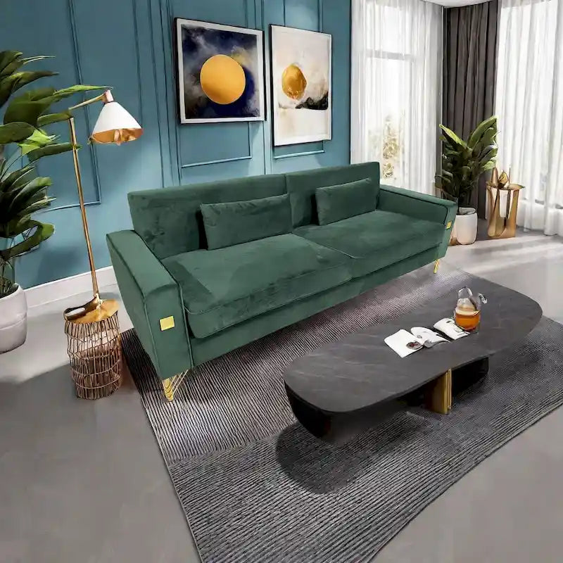 Modern Velvet 3-Seater Sofa with Gold Metal Accents & Pocketed Spring Cushions