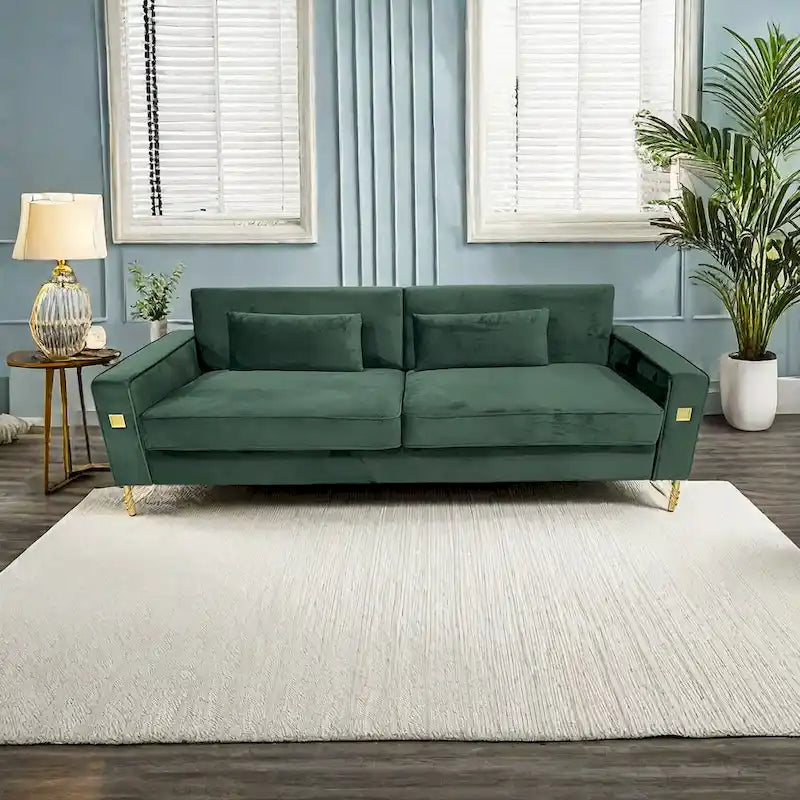 Modern Velvet 3-Seater Sofa with Gold Metal Accents & Pocketed Spring Cushions