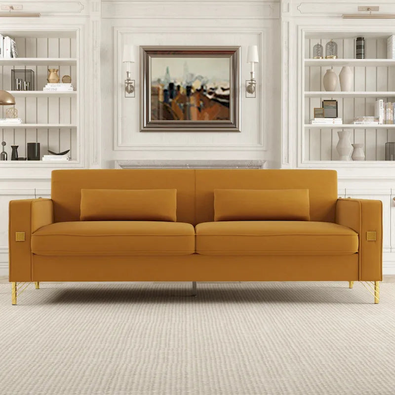 Modern Velvet 3-Seater Sofa with Gold Metal Accents & Pocketed Spring Cushions