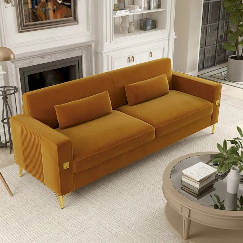 Modern Velvet 3-Seater Sofa with Gold Metal Accents & Pocketed Spring Cushions