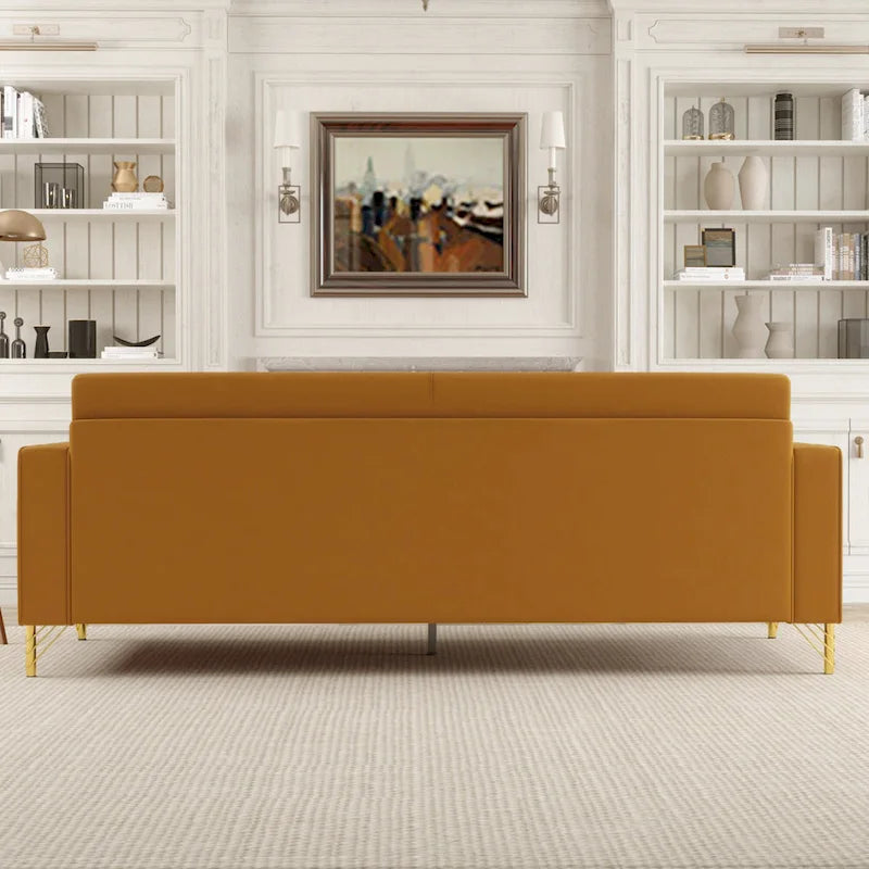 Modern Velvet 3-Seater Sofa with Gold Metal Accents & Pocketed Spring Cushions