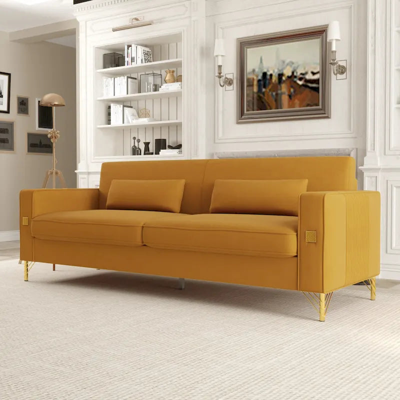 Modern Velvet 3-Seater Sofa with Gold Metal Accents & Pocketed Spring Cushions