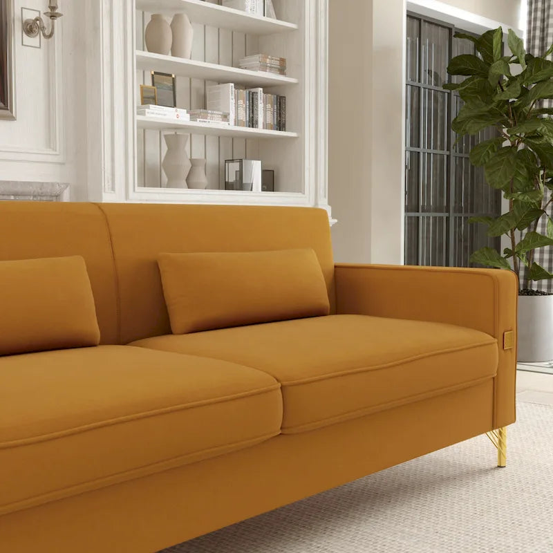 Modern Velvet 3-Seater Sofa with Gold Metal Accents & Pocketed Spring Cushions
