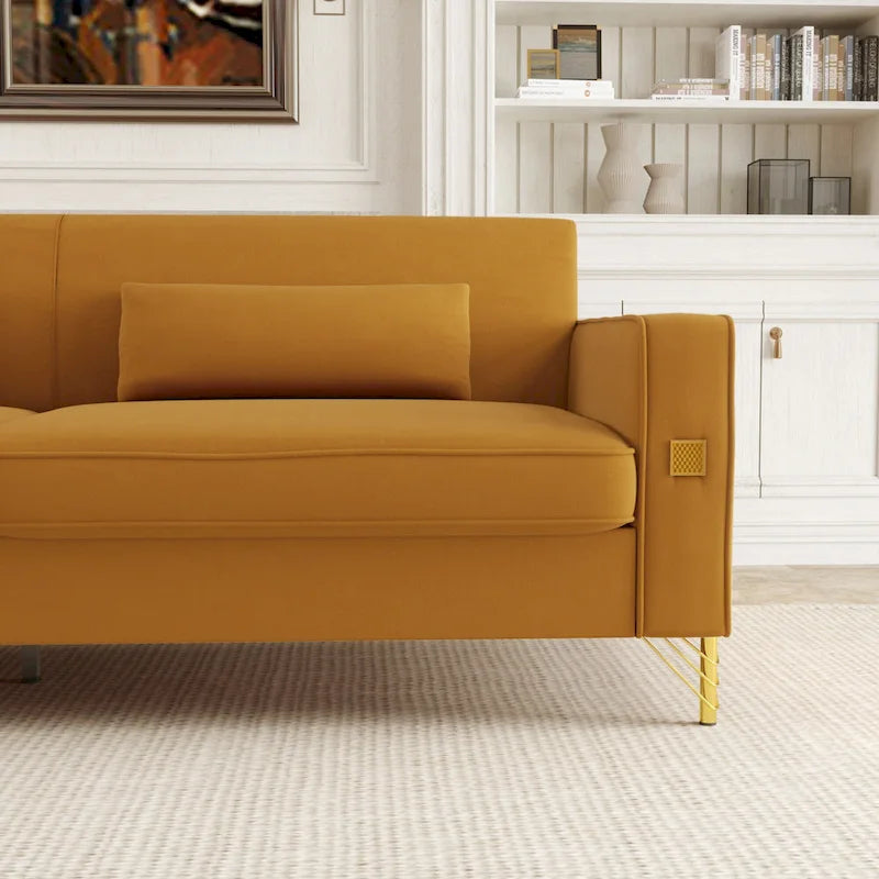 Modern Velvet 3-Seater Sofa with Gold Metal Accents & Pocketed Spring Cushions
