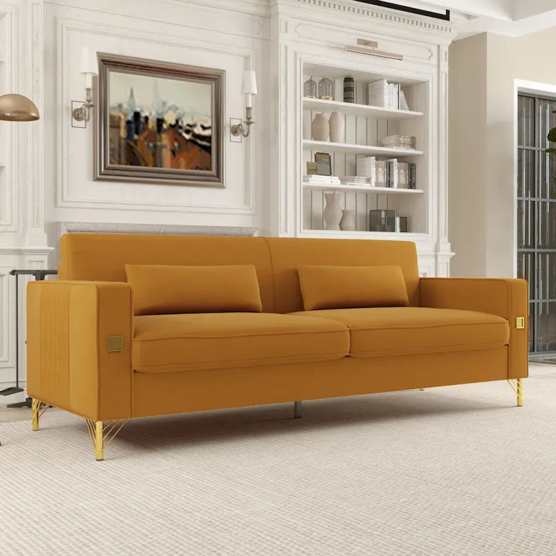 Modern Velvet 3-Seater Sofa with Gold Metal Accents & Pocketed Spring Cushions