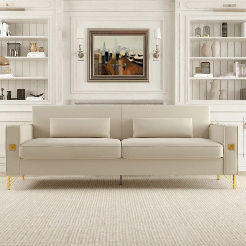 Modern Velvet 3-Seater Sofa with Gold Metal Accents & Pocketed Spring Cushions