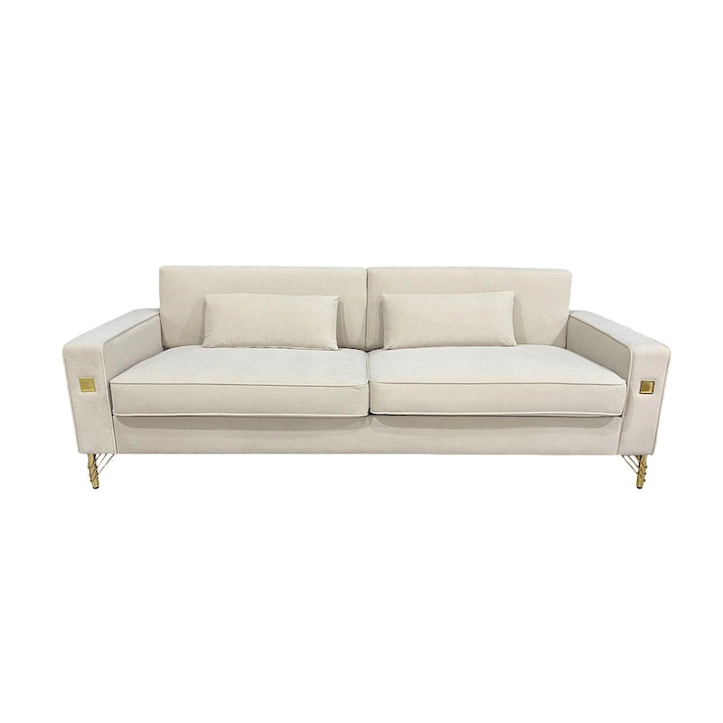 Modern Velvet 3-Seater Sofa with Gold Metal Accents & Pocketed Spring Cushions
