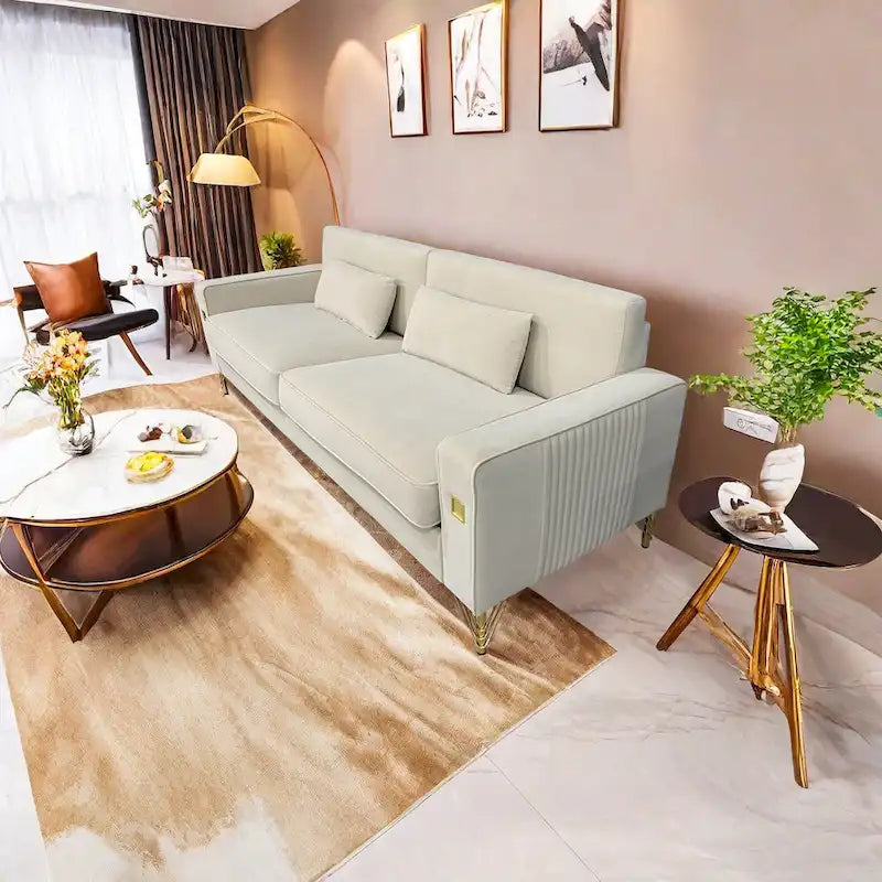 Modern Velvet 3-Seater Sofa with Gold Metal Accents & Pocketed Spring Cushions