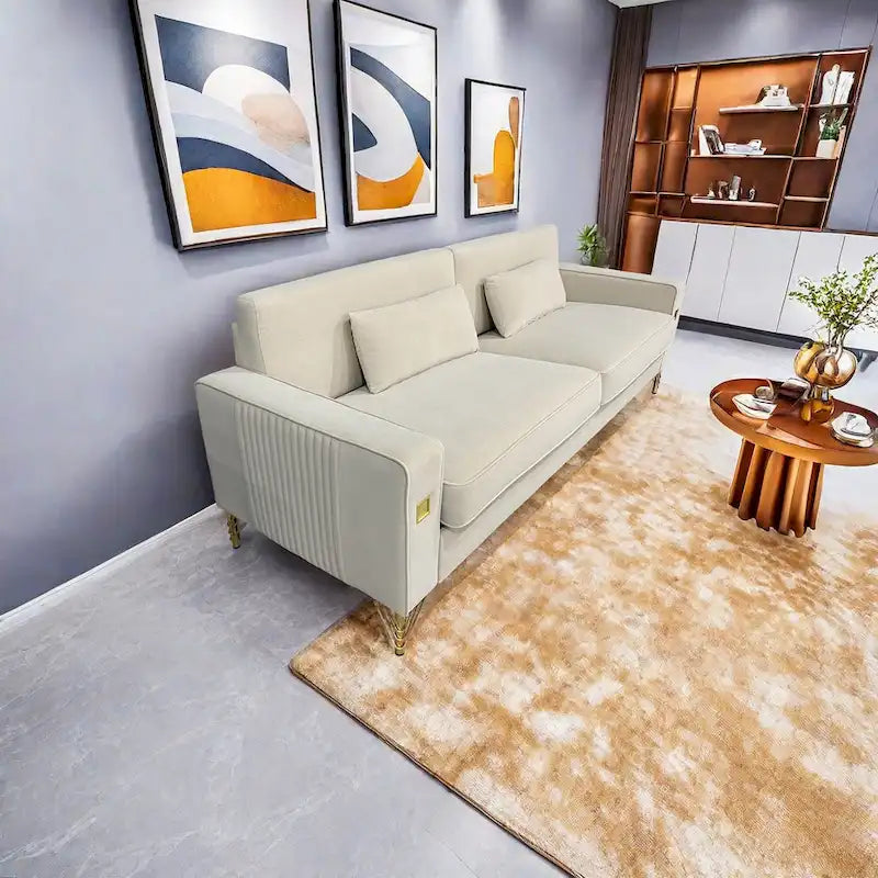 Modern Velvet 3-Seater Sofa with Gold Metal Accents & Pocketed Spring Cushions