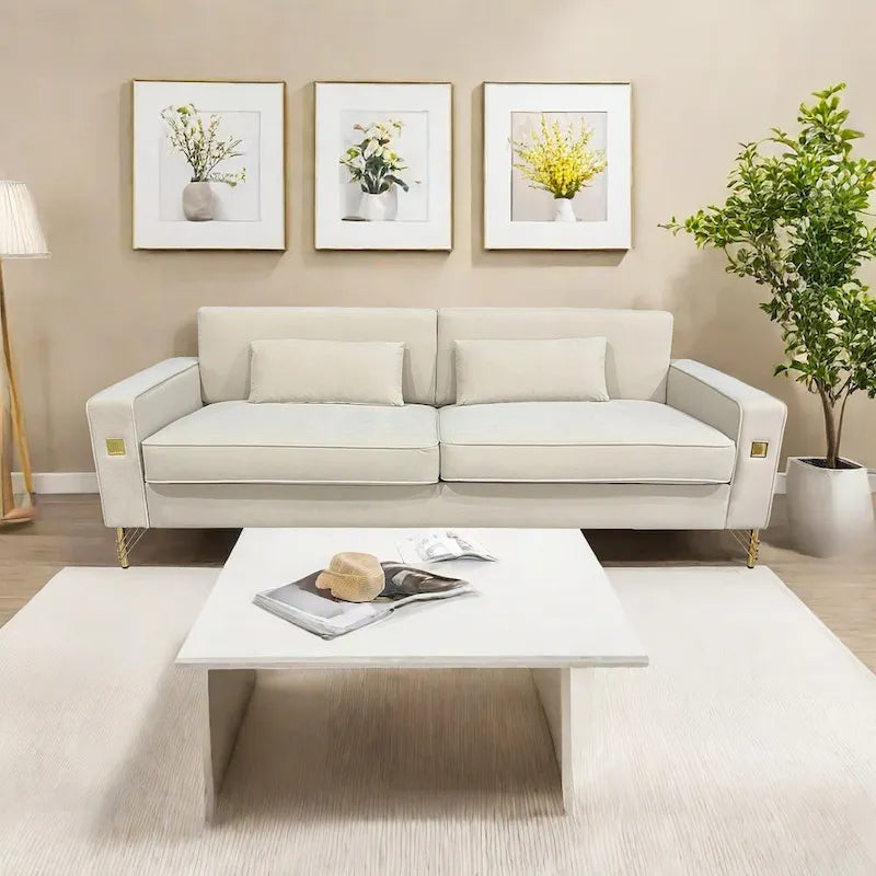 Modern Velvet 3-Seater Sofa with Gold Metal Accents & Pocketed Spring Cushions