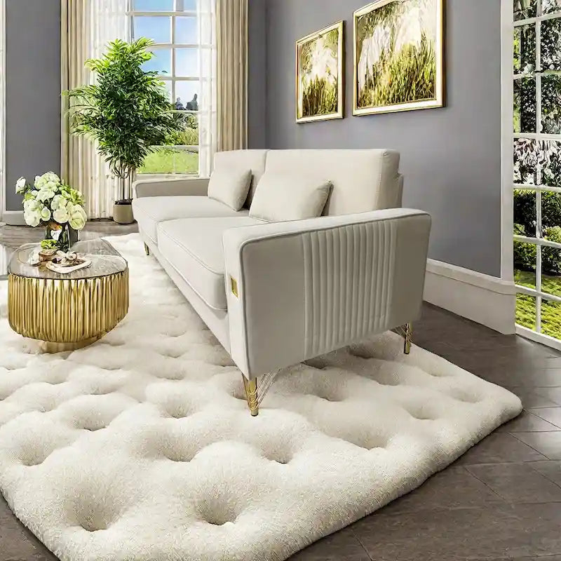 Modern Velvet 3-Seater Sofa with Gold Metal Accents & Pocketed Spring Cushions