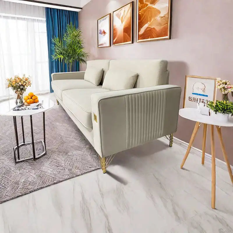 Modern Velvet 3-Seater Sofa with Gold Metal Accents & Pocketed Spring Cushions