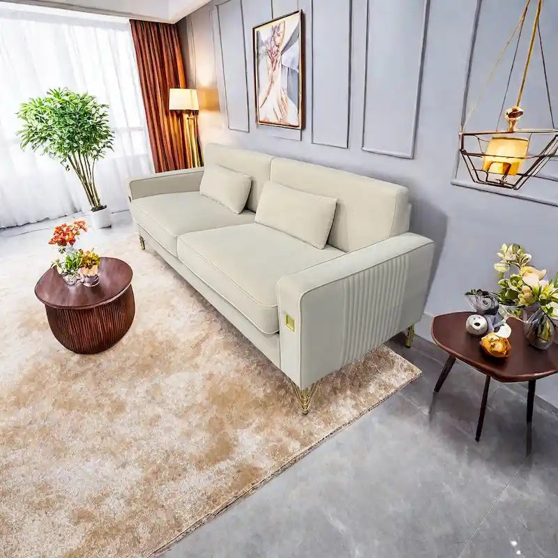 Modern Velvet 3-Seater Sofa with Gold Metal Accents & Pocketed Spring Cushions