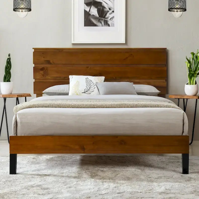 King Platform Bed with Horizontal Plank Headboard & Black Metal Legs – Solid Pinewood