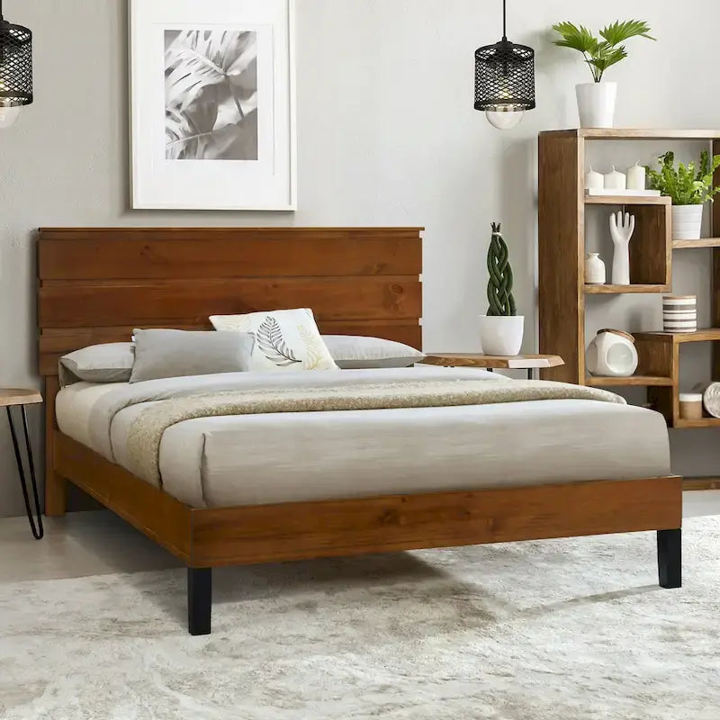 King Platform Bed with Horizontal Plank Headboard & Black Metal Legs – Solid Pinewood