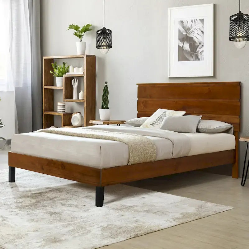 King Platform Bed with Horizontal Plank Headboard & Black Metal Legs – Solid Pinewood