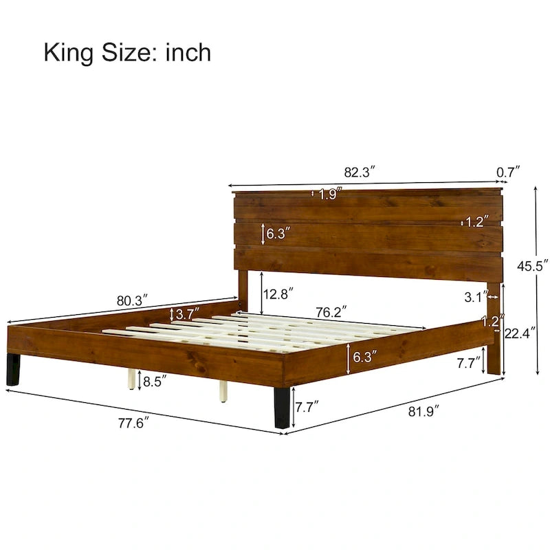 King Platform Bed with Horizontal Plank Headboard & Black Metal Legs – Solid Pinewood