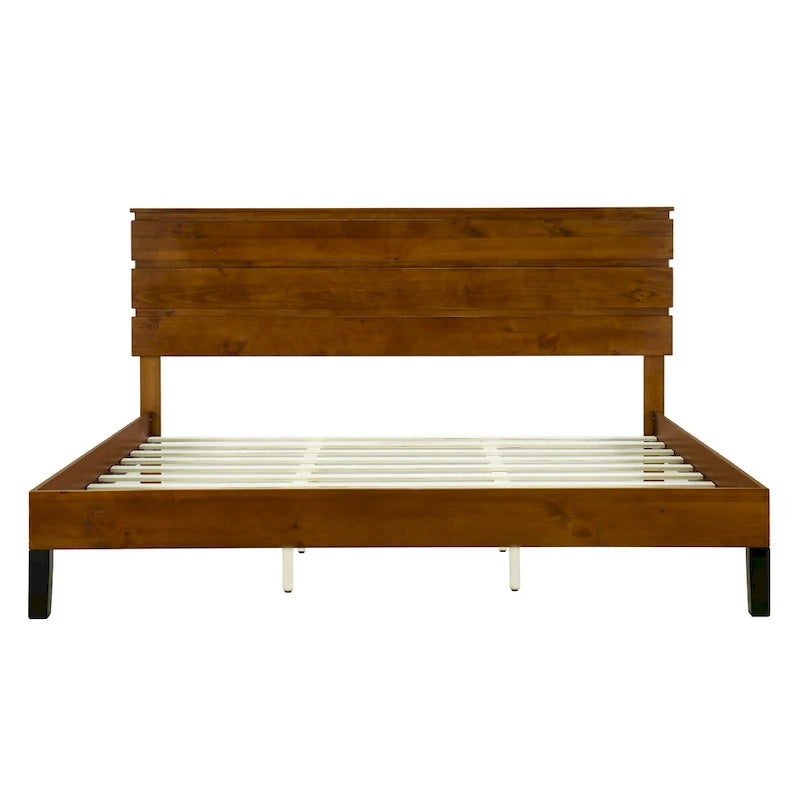 King Platform Bed with Horizontal Plank Headboard & Black Metal Legs – Solid Pinewood