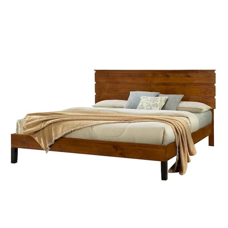 King Platform Bed with Horizontal Plank Headboard & Black Metal Legs – Solid Pinewood