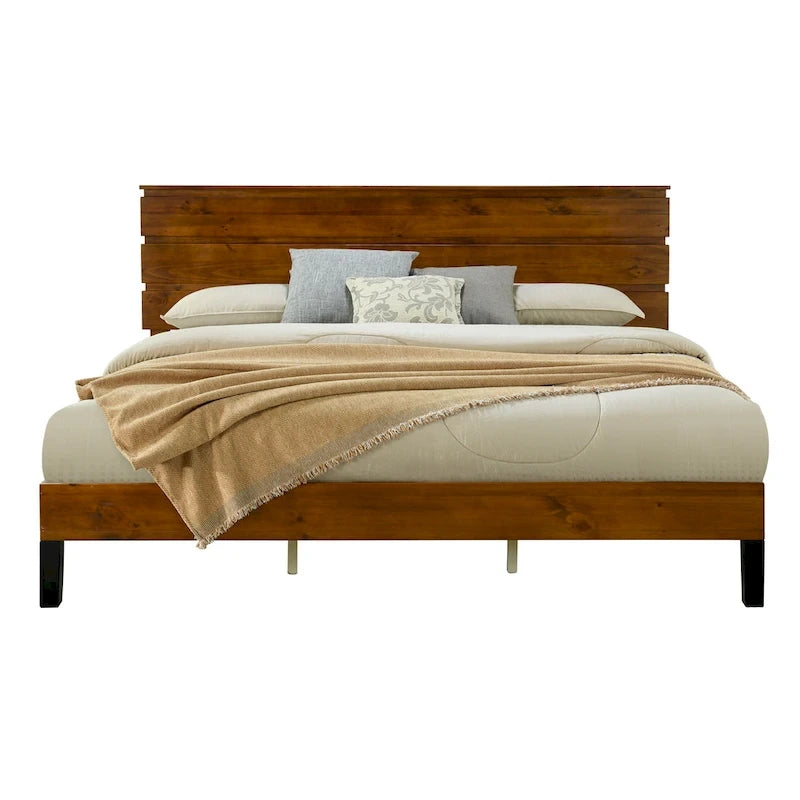King Platform Bed with Horizontal Plank Headboard & Black Metal Legs – Solid Pinewood